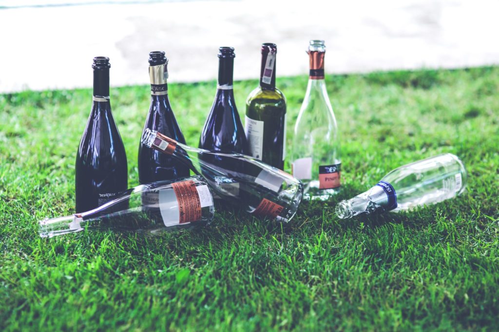 a row of empty wine and alcohol bottles lie in the grass