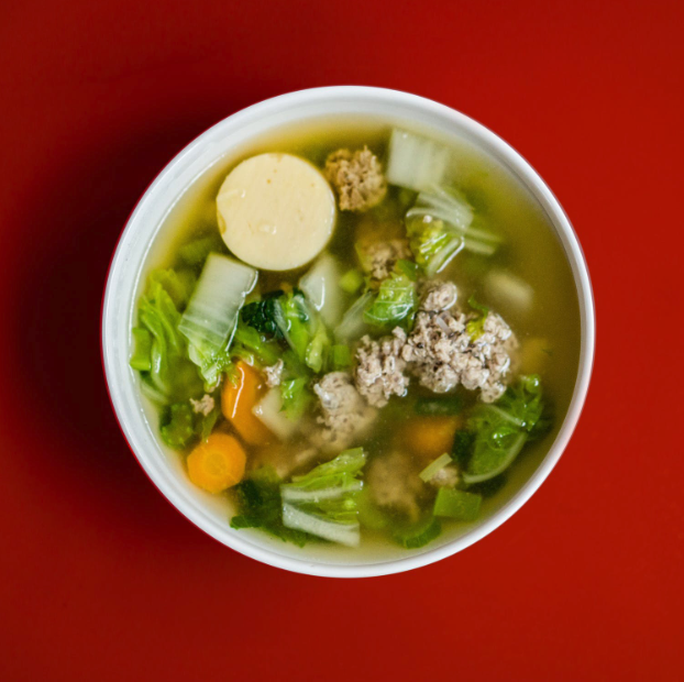 broth soup with greens, carrots and celery with ground turkey